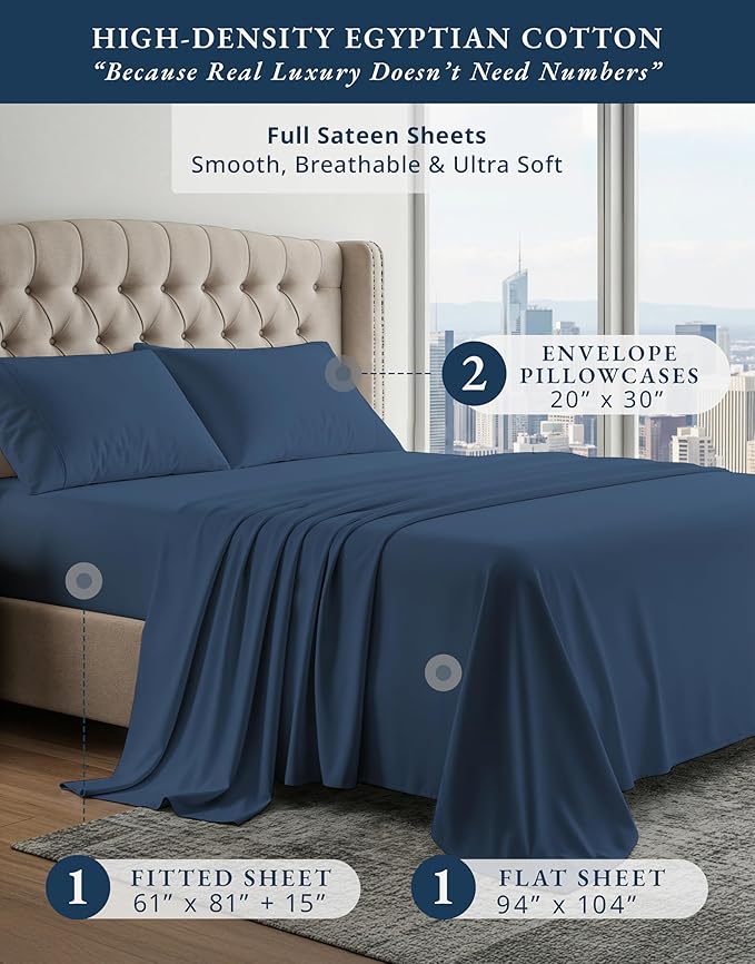 LANE LINEN 100% Egyptian Cotton Bed Sheets Full Size, Long Staple Mercerized Cotton Bedding Sheets, Luxury Hotel Like Thick 15 inch Deep Pocket Full Sheet, Reinforced French Seams -Estate Blue