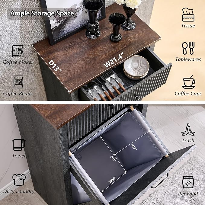 IFBUY Modern Tilt-Out Laundry Hamper Cabinet, 10 Gallon Fluted Trash Can Cabinet with Drawer, Wooden Hidden Garbage Can Cabinets with Laundry Basket, Free Standing for Bathroom and Kitchen, Grey - Image 3