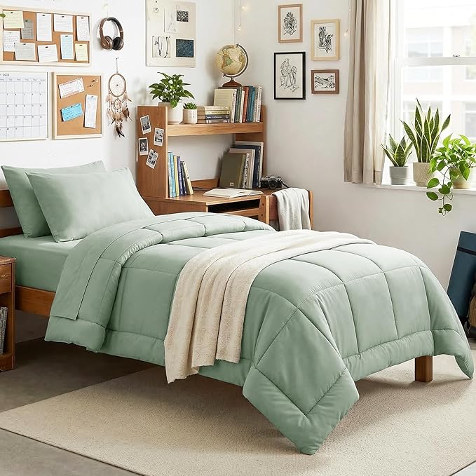 CozyLux Twin XL Comforter Set Sage Green, 5 Pieces Twin Extra Long Bed in a Bag for College Dorm, All Season Bedding Set with Stitch Quilted Comforter, Flat Sheet, Fitted Sheet, Pillowcases