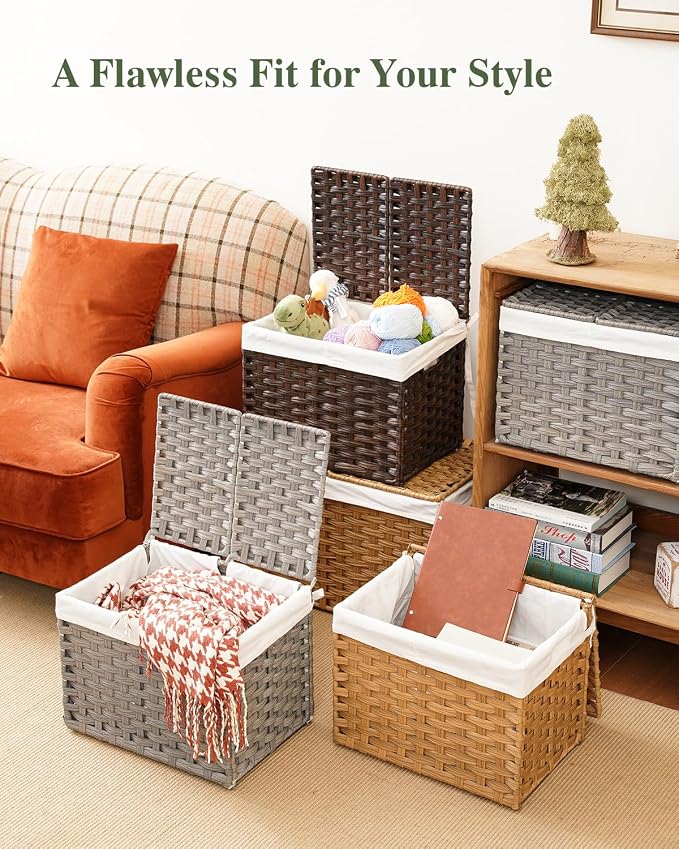 SETVSON Storage Basket with Lid Woven Wicker Baskets with 2 Separate Lid, 9.2 Gallon (35 L) Wicker Storage Bins with Handles, Foldable and 2 Removable Liner Bags for Bedroom, Laundry Room Gray - Image 8