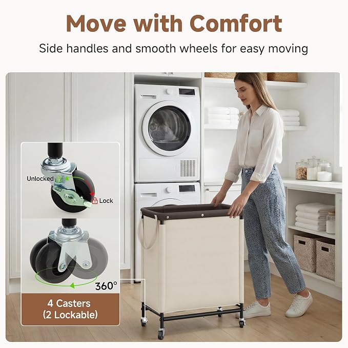 StorageWorks 2 Section Laundry Hamper, Rolling Laundry Cart with Wheels and Handles, Laundry Room Double Sorter for Organizer and Storage, 26.4 Gal(100L), Beige - Image 4