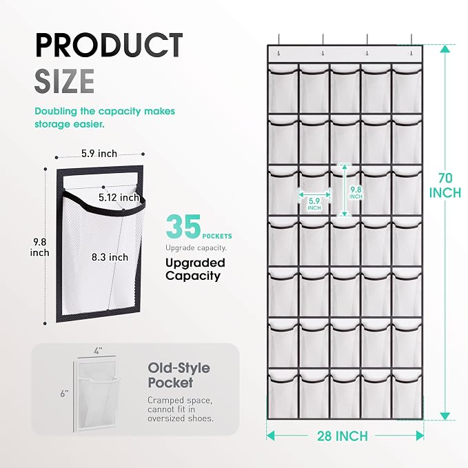 WVM Over the Door Shoe Organizer with 35 Breathable Mesh Pockets, Hanging Shoe Organizer for Door with 4 Metal Hooks, Large Capacity Closet Storage for Shoes, Accessories, White - Image 3