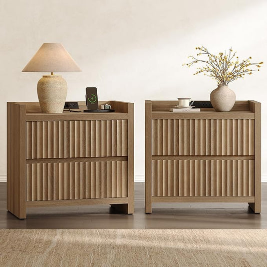 SICOTAS Night Stands Set of 2-Fluted Nightstands with Charging Station- Modern 2 Drawers Nightstand 25" Tall Bedside Table End Table, Large Night Stand for Bedroom, Sofa Side