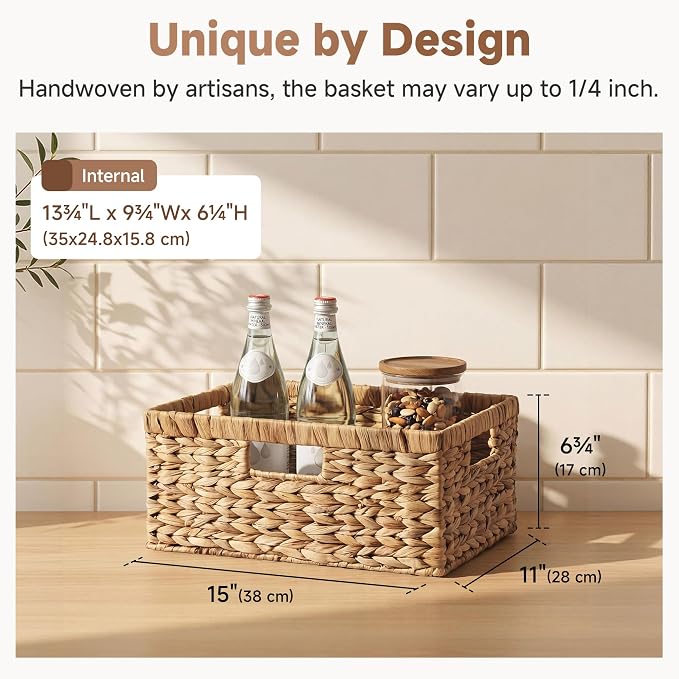StorageWorks Large Rectangular Wicker Basket, Water Hyacinth Storage Basket with Built-in Handles, 1 Pack - Image 3