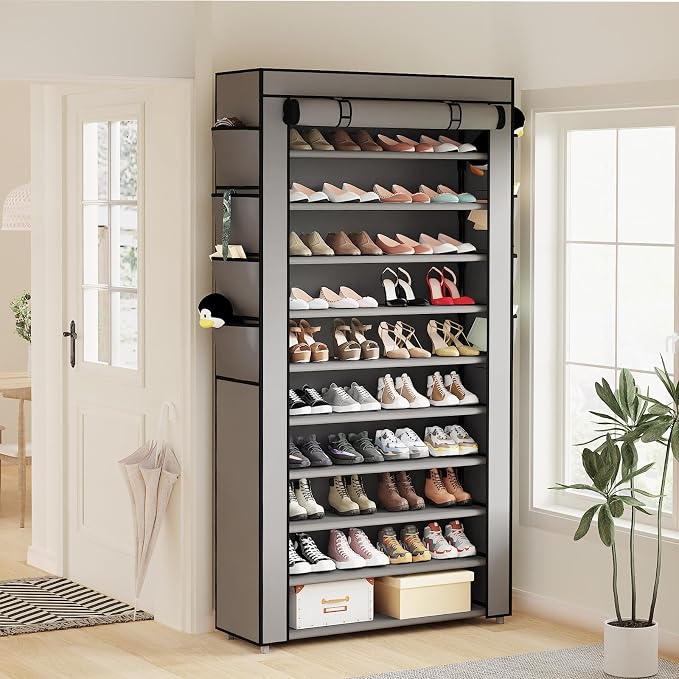 Mavivegue Shoe Rack with Cover, 10+1 Tier Tall Shoe Storage for 50-55 Pairs of Shoes, Shoe Organizer for Entryway, Closet, Garage, Grey - Image 2