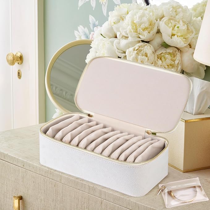 HofferRuffer Jewelry Box Organizer for Women Girls, Travel Jewelry Case with 12 Portable Zipper Bags, Jewelry Storage Ideal for Travel & Home Organization (12pcs-CreamWhite Velvet) - Image 7