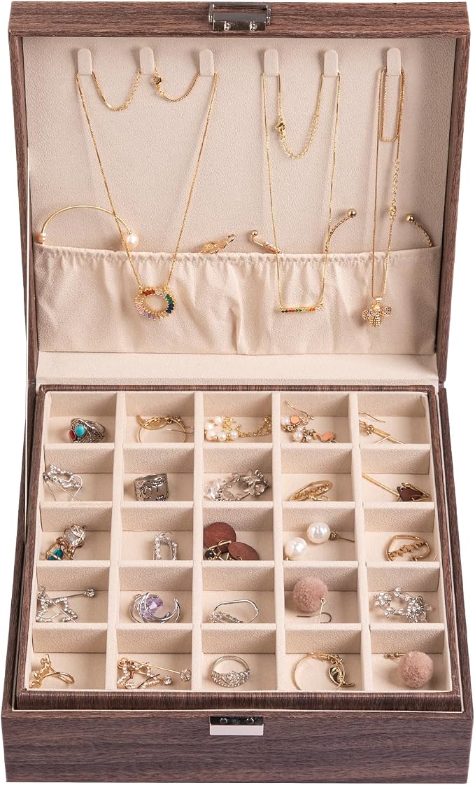 Frebeauty Earring Organizer Classic Jewelry Box 50 Slots Double Layer Jewelry Storage Case with 6 Necklace Hook and Bracelet Pocket(Tree Brown) - Image 2