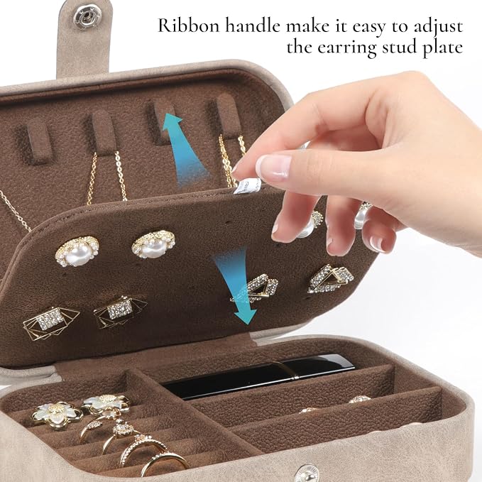 Hatori Travel Jewelry Box, PU Leather Small Jewelry Organizer for Women Girls, Portable Mini Travel Case Display Storage Holder Boxes for Stud Earrings, Rings, Necklaces, Bracelets (Brown) - Image 4