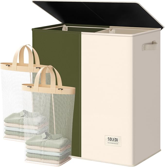 SOLEDI Large Double Laundry Hamper with Lid, Collapsible Clothes Hamper 2 section with Removable Bags, Space-Saving Laundry Basket for Bedroom, Dorm, College by SOLEDI