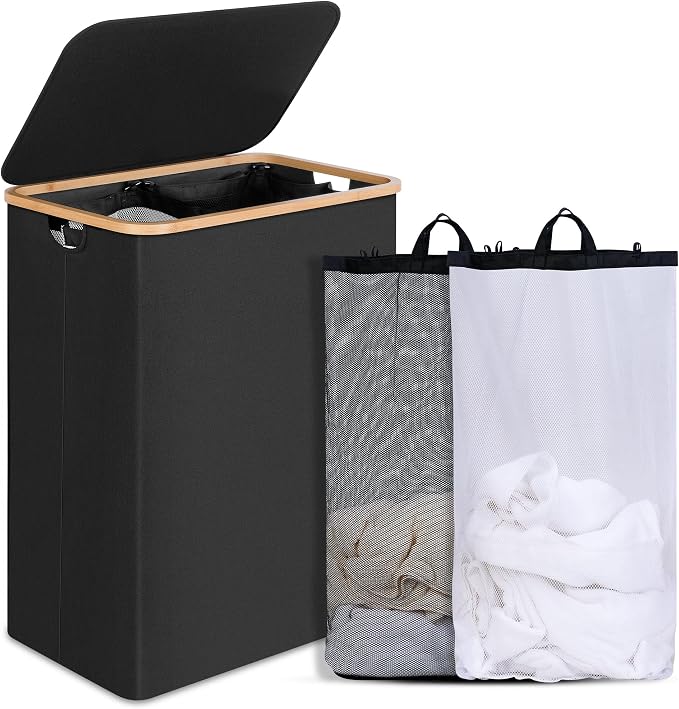 efluky Double Laundry Hamper with Lid, Divided Laundry Hamper with Removable Bags, 2 Section Dirty Clothes Basket with Handles for Bathroom, Bedroom & Laundry Room, 160L Black by efluky