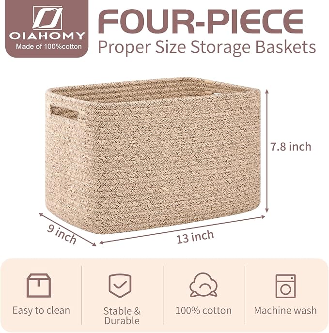 OIAHOMY 4 Pack Storage Baskets for Organizing, Cube Storage Bins for Shelves, Rectangle Storage Baskets With Handles, Woven Baskets for Storage, 12.7''Lx9''Wx7.8''H, Brown - Image 2