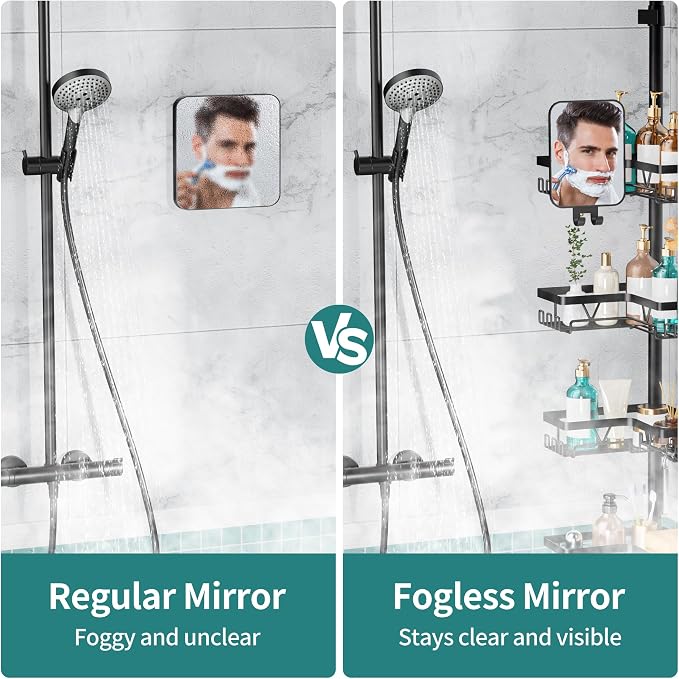KEGII Shower Caddy Tension Pole - Adjustable Rustproof Corner Bathroom Organizer with Fogless Shower Mirror, 25–114.2 Inch No-Drill Bathroom Storage, Black - Image 3