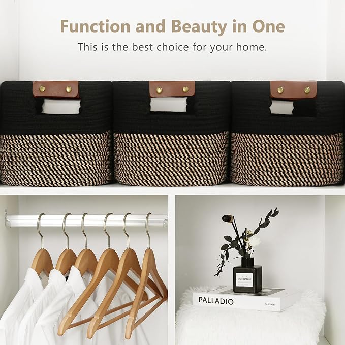 ECDYQXVU Cotton Rope Basket, Storage Baskets with Handle, 15x10x9 Inch Woven Basket for Shelves, Laundry, Towels, Clothes, Books, (Black Brown 2 Pack) - Image 5
