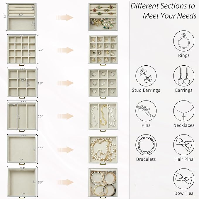 AKOZLIN Functional 6-Tier Jewelry Box Organizer with 5 Drawers Leather Jewelry Storage Case for Women Girls Ring Necklace Earring Bracelet Holder Organizer with Mirror Grey - Image 4