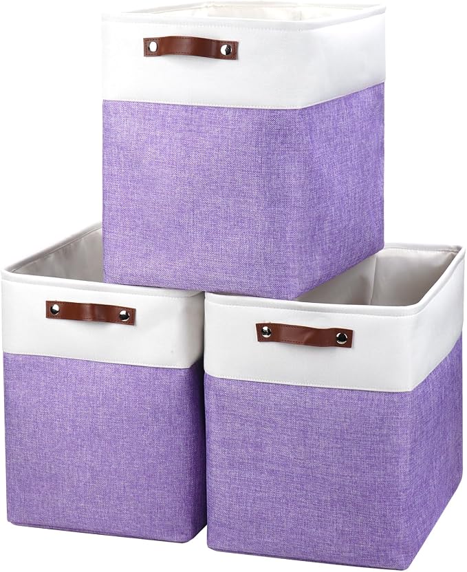 Bagnizer Large Fabric Storage Baskets | 50L Storage Bins, Decorative Linen Closet Baskets with Handles for Organizing, Shelf, Toys, Clothes, Home, Office, Nursery, 17x12x15Inches (Purple&White) by Bagnizer