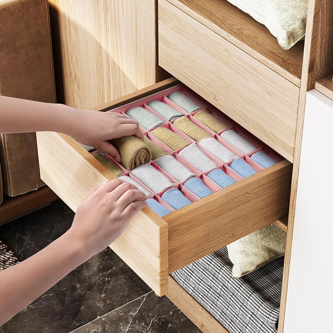Joyoldelf Sock Organizer Drawer Organizer - 2 Packs Underwear Organizer, 24 Cells Collapsible Closet Organizers and Storage Sock Holders Organizers for Storing Socks, Ties, Belts(Pink) - Image 4