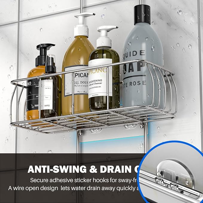 Epicano Anti-Swing Hanging Shower Caddy Stainless Steel 304, Over Head Shower Caddy Rustproof with hooks for Towels, Sponge and more, Chrome - Image 5