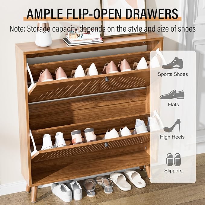 Fsbecl Shoe Storage Cabinet for Entryway with 2 Flip Drawers, Narrow Wood Shoe Cabinet with Fluted Panel, Freestanding Hidden Shoe Organizer for Foyer, Hallway (Walnut - No Shelf) - Image 4