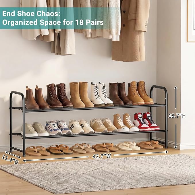 AOODA Long 2 Tier Shoe Rack for Closet Metal Wide Stackable Shoe Storage Organizer for Entryway, Bedroom, Floor, 18-Pairs Low Shoe Shelf, Black - Image 2