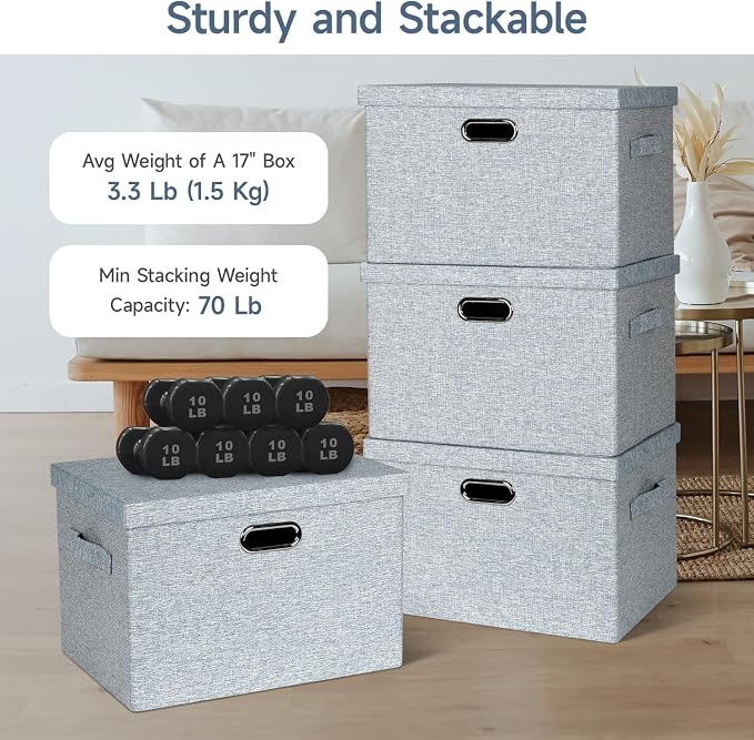 Graciadeco Large 17" 36 Quart Collapsible Stackable Storage Bins with Lids, 3 Packs Blue-Grey Linen Fabric Closet Boxes with Lids, Storage Cube Baskets Container Organizers for Bedroom (17x12x11) - Image 3