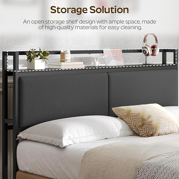 YATINEY Headboard with Charging Station, Queen Size Headboard Only, Upholstered Queen Head Board with Open Storage, Height Adjustable, Vintage Style, Sturdy and Stable, Black