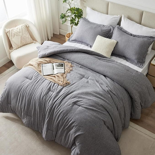 CozyLux Queen Comforter Set - 3 Pieces Grey Soft Luxury Cationic Dyeing Queen Comforter for All Season, Gray Breathable Lightweight Fluffy Bedding Sets with 1 Comforter and 2 Pillow Shams