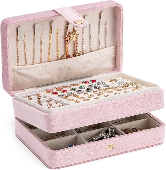 MODENGKONGJIAN Jewelry Organizer Box, 2-Layer Large Jewelry Storage Case, Portable Travel Jewelrys Display Holder for Earrings, Necklaces, Bracelets (Pink,Velvet) by MODENGKONGJIAN