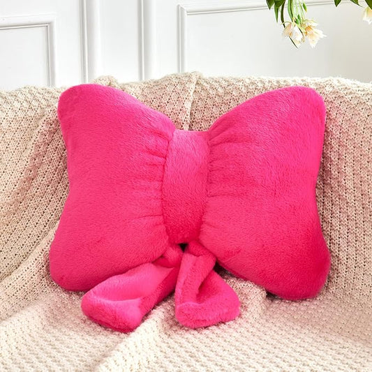 XVTRU Hot Pink Bow Pillow, Soft Bow Decorative Pillows with Faux Rabbit Fur, Cute 12" Bow Throw Pillows, Aesthetic Home Decor Bow Shaped Plush Pillow for Bedroom Sofa Couch