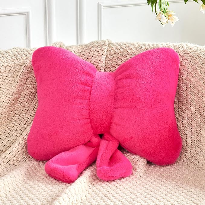 XVTRU Hot Pink Bow Pillow, Soft Bow Decorative Pillows with Faux Rabbit Fur, Cute 16" Bow Throw Pillows, Aesthetic Home Decor Bow Shaped Plush Pillow for Bedroom Sofa Couch