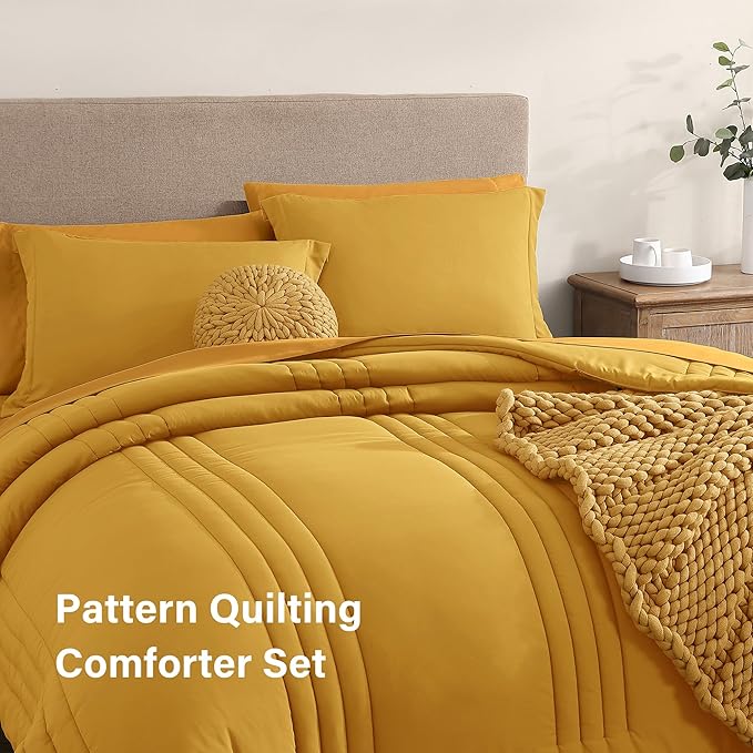 Monbix Full Comforter Set - 7 Pieces Bright Yellow Bed in a Bag Full Size Bedding Sets with Comforters, All Seasons Comforter with Sheets, Pillowcases & Shams