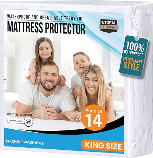 King Size Mattress Protector Waterproof 14 Pack, Premium 200 GSM Terry Mattress Cover, Soft & Breathable Bed Cover, Fitted Sheet Style Stretchable Deep Pockets 17" by Utopia Bedding (White)