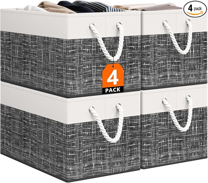 StorageTastic Storage Bin,Collapsible Storage Basket For Organizing,Large Storage Boxes With Rope Handles,Storage Containers,White & Black,4 Pack by StorageTastic