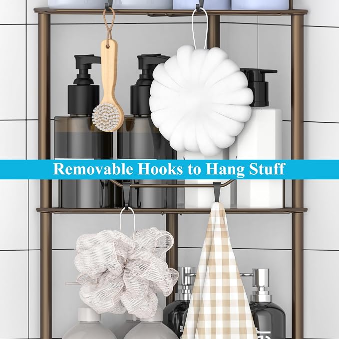 HuggieGems 2 Tier Floor Standing Corner Shower Caddy Organizer Shelf with Hooks, Bathroom Shelves Stand Rack, Bronze - Image 6