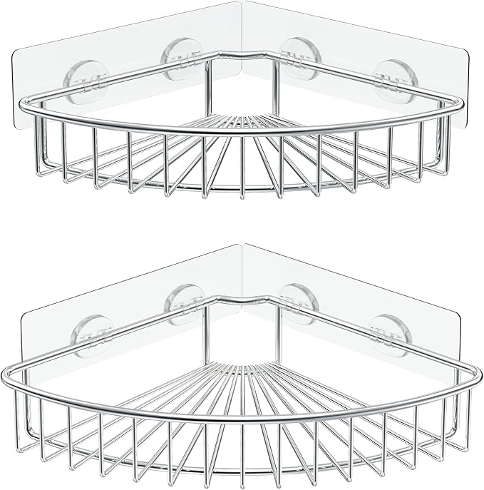 SMARTAKE 2-Pack Corner Shower Caddy, SUS304 Stainless Steel, Wall Mounted Bathroom Shelf with Adhesive, Storage Organizer for Toilet, Dorm and Kitchen (Silver) by SMARTAKE
