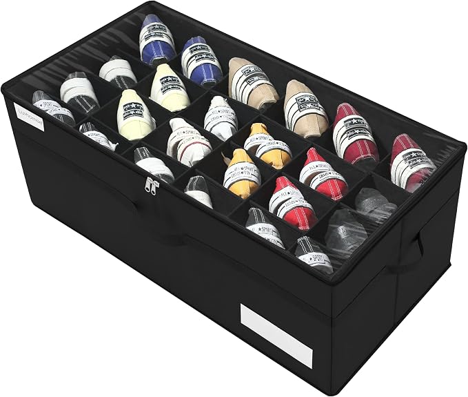 Luvhomee Shoe Storage Organizer, Fits 24 Pairs, Large Shoe Organizer Box for Closet, Clear Foldable Shoes Containers w/Bottom Support, Space Saving Shoe Cubby Storage Boxes w/Reinforced Handles, Black by Luvhomee