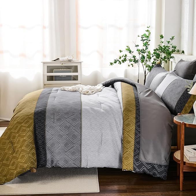 Dinjoy Gray Yellow King Size Comforter Set,Striped Boho Bed in a Bag King 7 Pieces Soft Fall Bedding Comforters Sets wiht Sheets Microfiber Complete Bed Sets for All Season