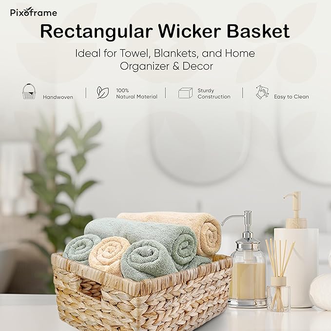 Large Rectangular Handwoven Wicker Basket - Natural Water Hyacinth Storage Baskets with 2 Built-in Handles - Ideal for Towel, Blankets, and Home Organizer & Decor - 16.5"x13"x7.50" - Brown - Image 2