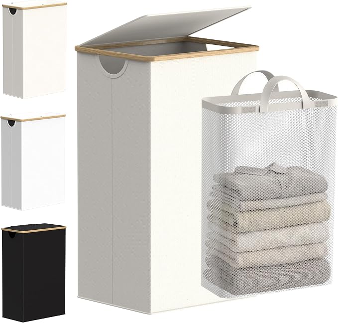 efluky Laundry Basket with Lid and Removable Bag, 100L Tall Laundry Hamper with Bamboo Handles, Aesthetic Dirty Clothes Bin for Laundry Room, Bathroom, Bedroom and Dorm, Beige by efluky