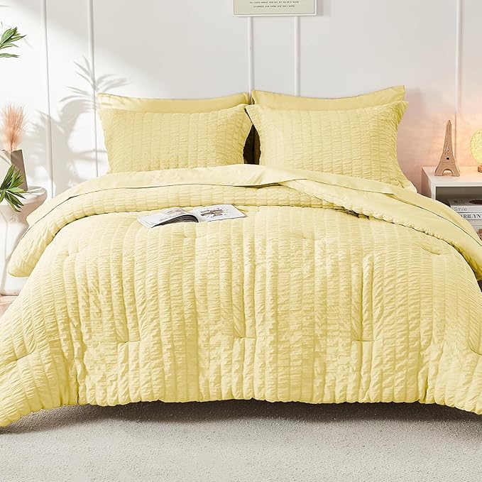 HYMOKEGE Yellow King Size Comforter Set Seersucker 7 Pieces, All Season Luxury Bed in a Bag for Bedroom, Bedding Set with Comforter, Sheets, Pillowcases & Shams