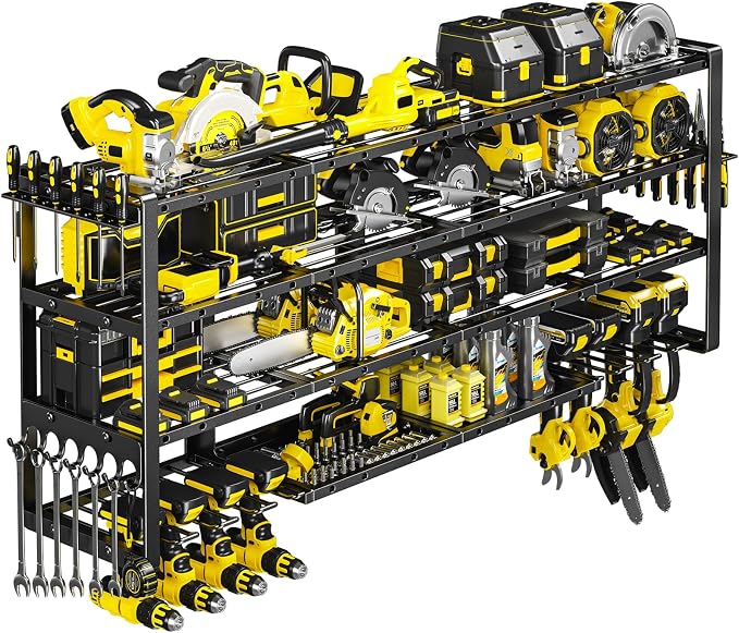 POKIPO Extra Large 64" W Power Tool Organizer Wall Mount, 1000 lbs Load Capacity, Heavy Duty 4 Tier Garage Storage Rack with 8 Drill Holders, 2 in 1 Corner or Straight Installation by POKIPO