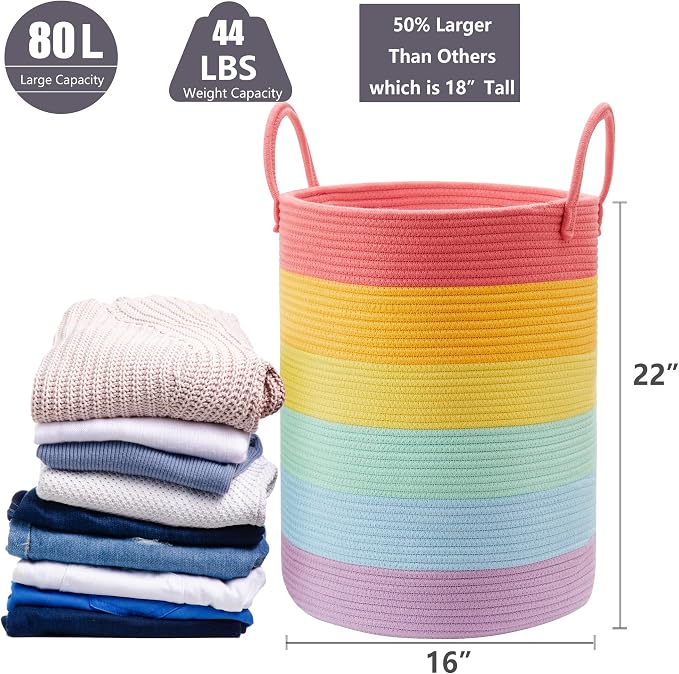 80L Extra Large Rainbow Laundry Hamper Basket for Girls Kids Tall Unicorn Baby Nursery Hamper for Clothes Woven Rope Blanket Toy Basket in Living Room Playroom Bedroom 16"D x 22"H - Image 3