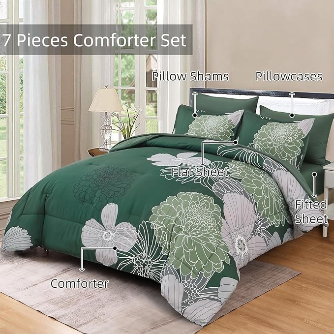 Yiran 7 Pieces King Size Comforter Set,Dark Green Floral Bed in a Bag Comforter and Sheet Set, Soft Microfiber Lightweight Bedding Set for All Season 104"×90"