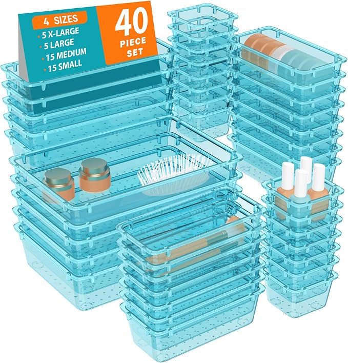 WOWBOX 40 PCS Plastic Drawer Organizer Set, 4 Sizes Desk Drawer Organization and Storage Containers for Makeup, Cosmetics, Jewelry and Gadgets in Kitchen, Bathroom, Bedroom, Office, Clear Sea Blue by WOWBOX
