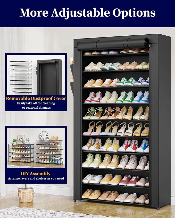 Kitsure Shoe Rack - 10-Tier Shoe Organizer with Zippered Dust Cover & Side Pockets, Easy to Assemble, Space Saving Shoe Rack for Closet, Entryway, Living Room, 33" x 12.4" x 69.3", Black - Image 5