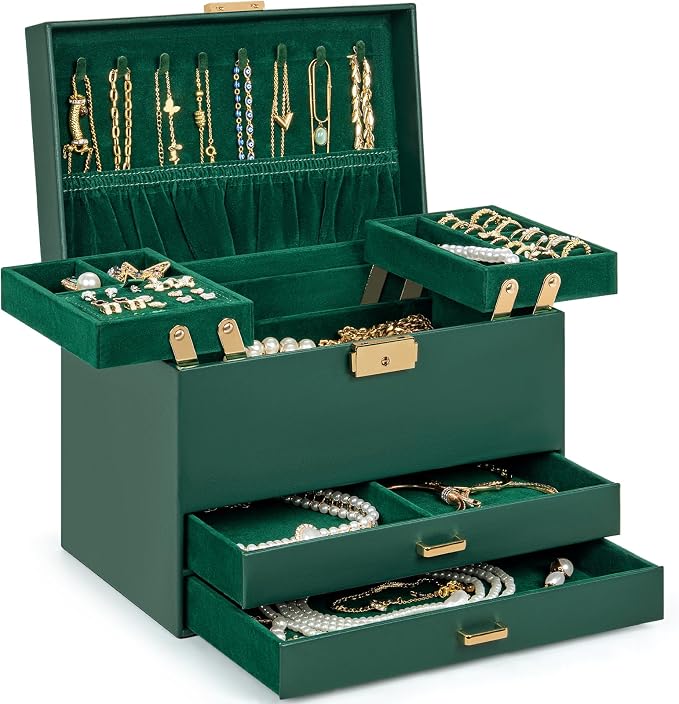 AKOZLIN Travel Jewelry Box Organizer Functional 2-trays Leather Jewelry Storage Case with Lockable Portable 2 Drawers for Women Girls Ring Necklace Earring Bracelet by AKOZLIN
