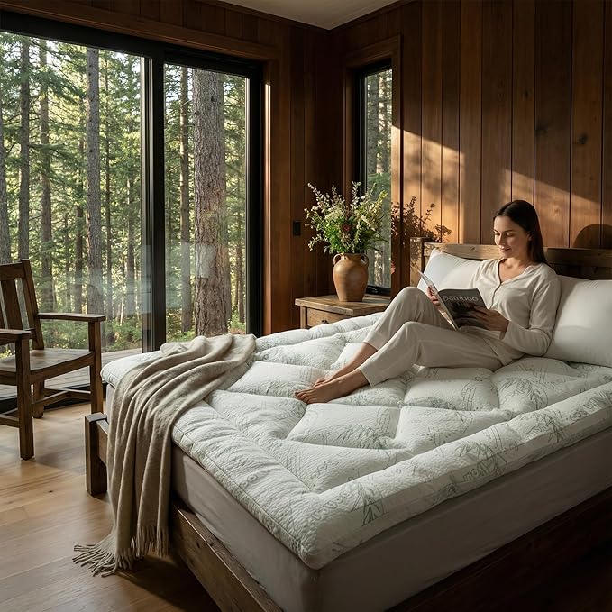 Bamboo Mattress Topper Twin XL Size with Deep Pocket 1700 GSM Cooling Shredded Memory Foam Mattress Pad Rayon Derived from Bamboo, Ideal for Side Sleepers, Back Pain, Hot Sleepers
