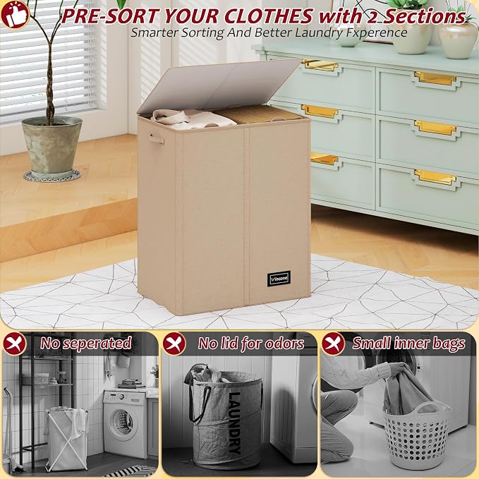 150L Laundry Hamper 2 Section, Large Laundry Hamper with Lid, Dirty Clothes Hamper with 2 Removable Inner Bags, Collapsible Laundry Basket Organizer for for Clothes Toys Towels, Hamper 2 Compartment - Image 5