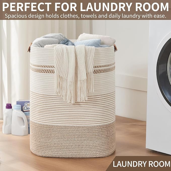 AINUOQI Laundry Basket with Handles - Blanket Basket & Hampers for Bedroom Aesthetic, Laundry Hamper & Blanket Storage for Living Room, Clothes Hamper, Tall, Large 17" x 14" x 22”, Light Brown & White - Image 5