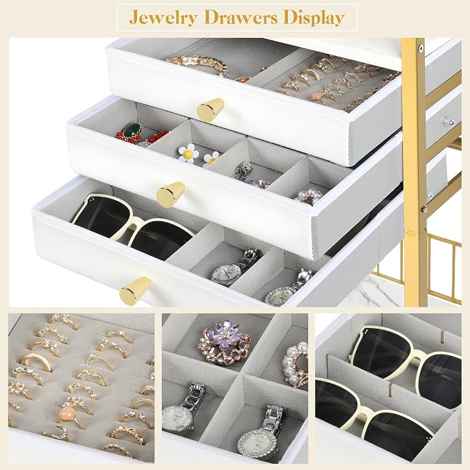 Keebofly Large Jewelry Organizer Stand with 3 Box Drawer - Necklace Organizer Earring Storage Armoire Holder with Display for Earring Necklace Ring Bracelet Gold - Image 5