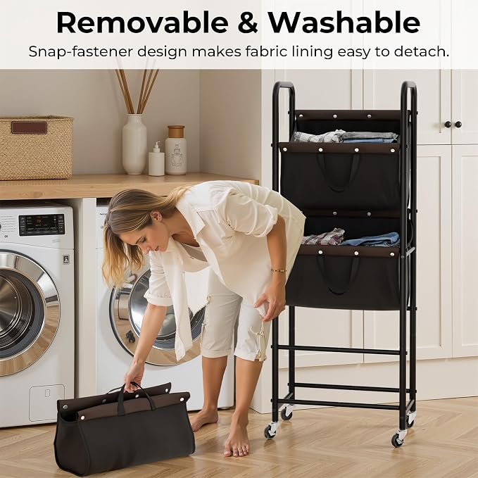 GRANNY SAYS 3 Tier Laundry Sorter, Laundry Basket with Wheels, Laundry Room Organization and Storage, 3 Section Rolling Laundry Cart for Dorm, Bathroom, Bedroom, Closet, Black - Image 3
